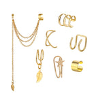 Set Of 7 Trendy Golden Leaf Tassel Earrings With C-shaped Geometric Star Ear Clips