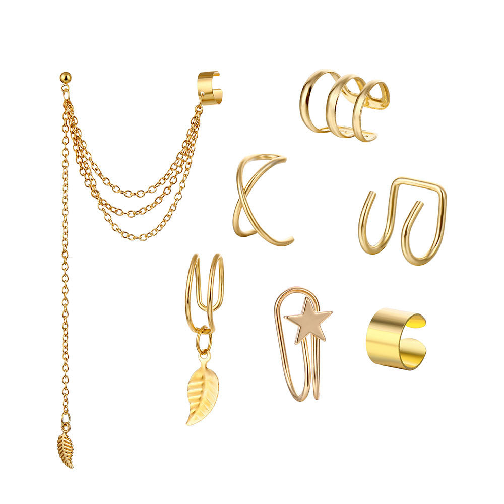 Set Of 7 Trendy Golden Leaf Tassel Earrings With C-shaped Geometric Star Ear Clips