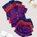 Women'S 3pcs Casual Satin Short Sleeve Shirt & Shorts Pyjama Set