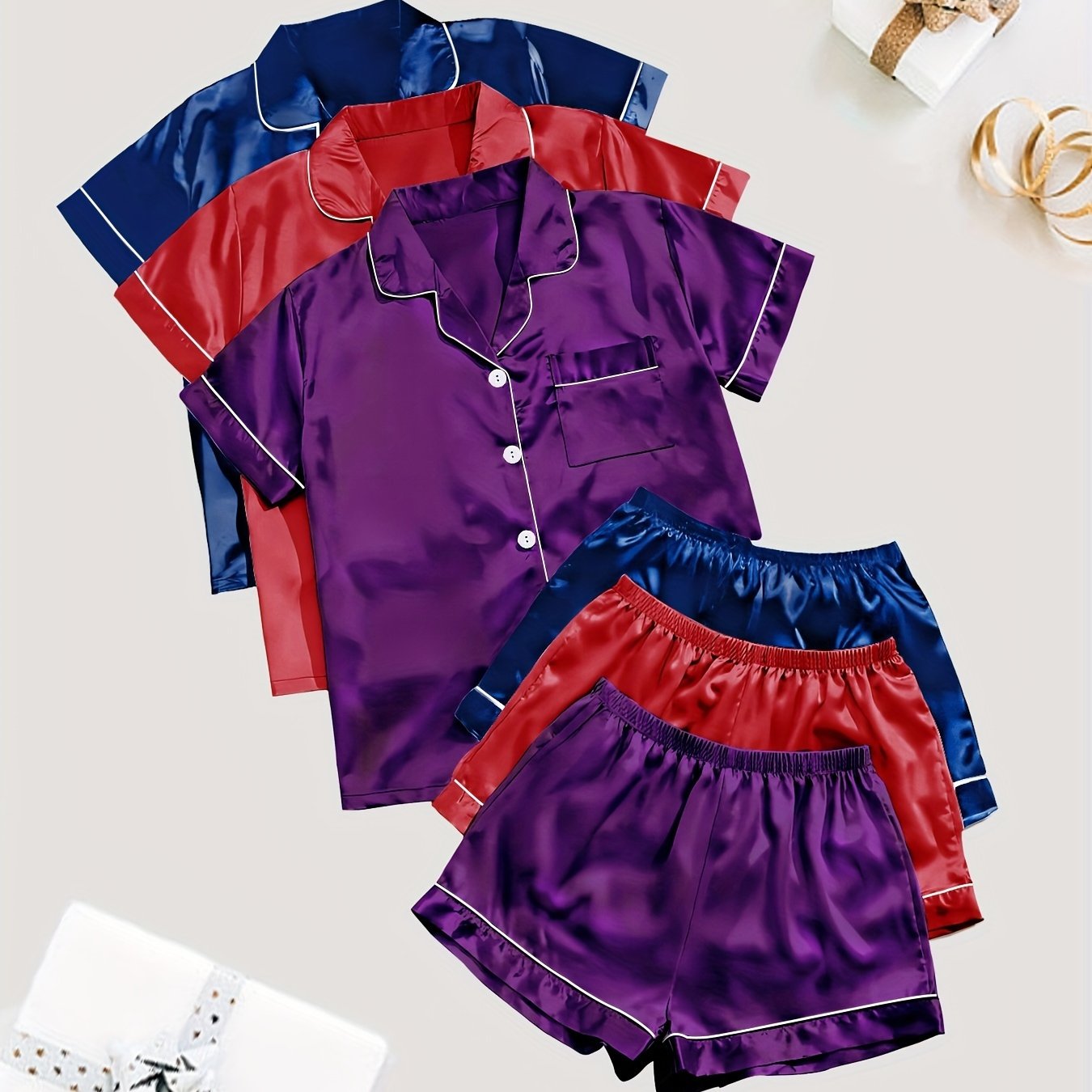 Women'S 3pcs Casual Satin Short Sleeve Shirt & Shorts Pyjama Set