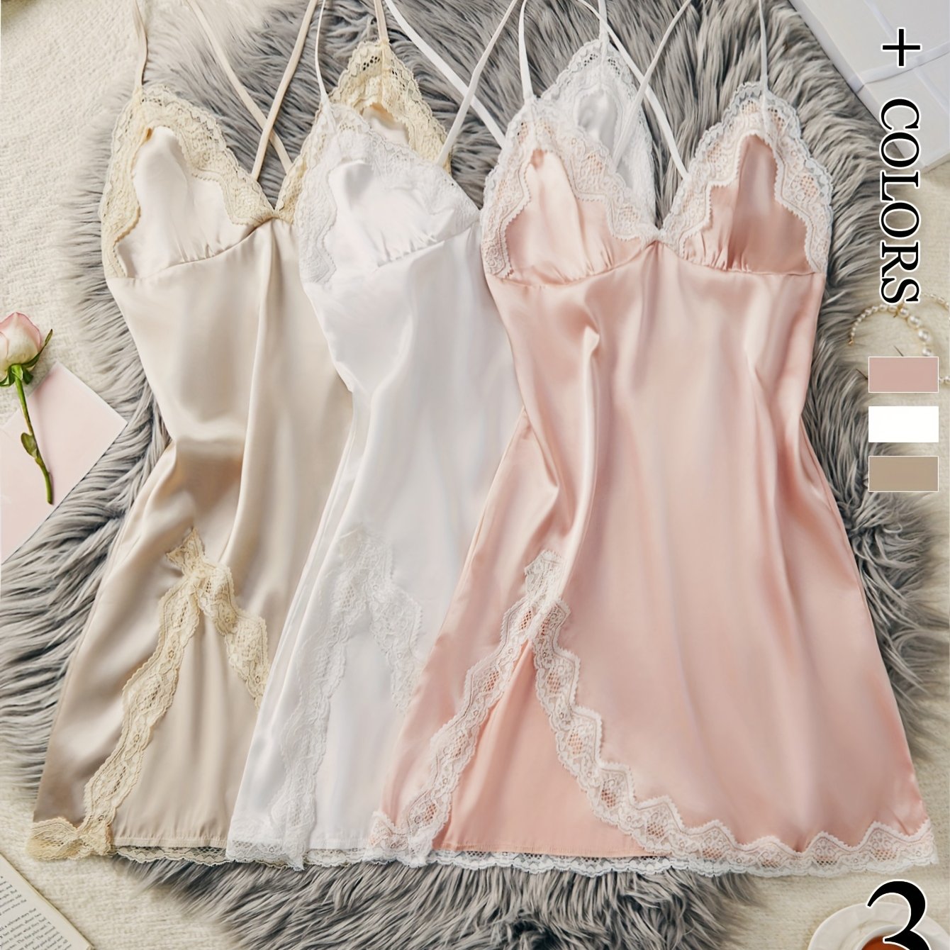 Slit Contrast Lace Pyjama Set