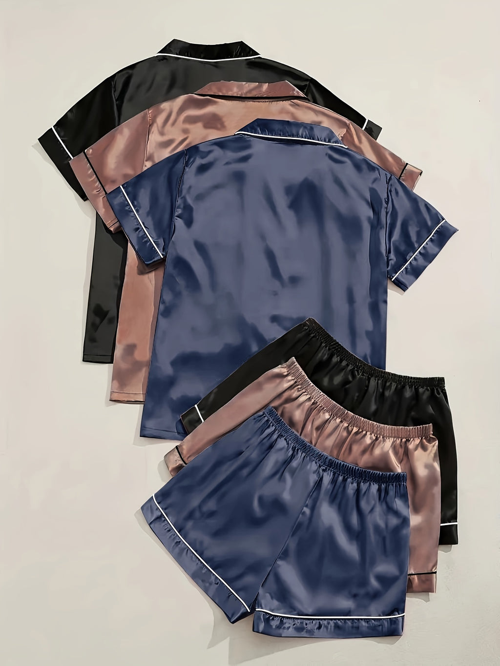 Women'S 3pcs Casual Satin Short Sleeve Shirt & Shorts Pyjama Set