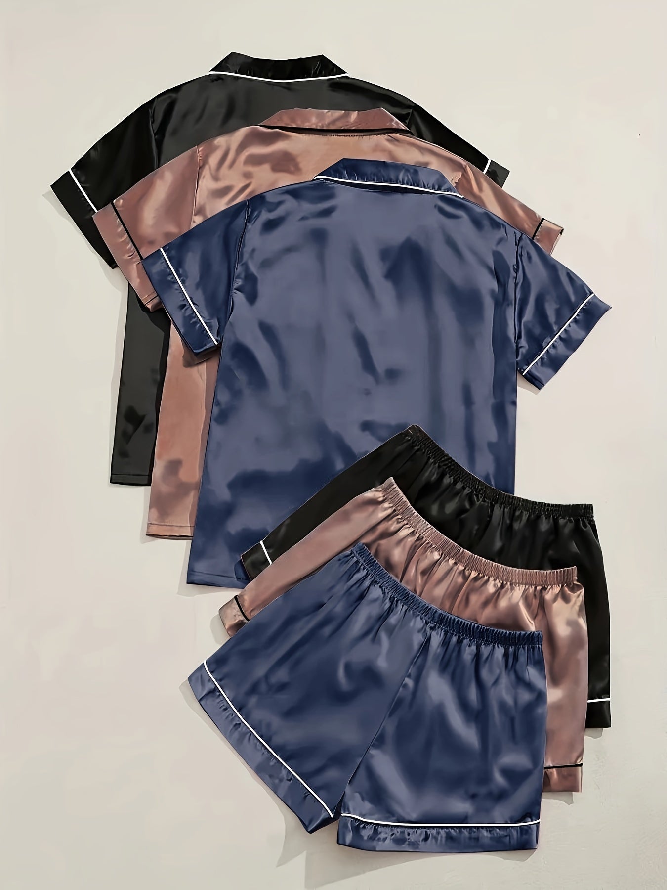 Women'S 3pcs Casual Satin Short Sleeve Shirt & Shorts Pyjama Set