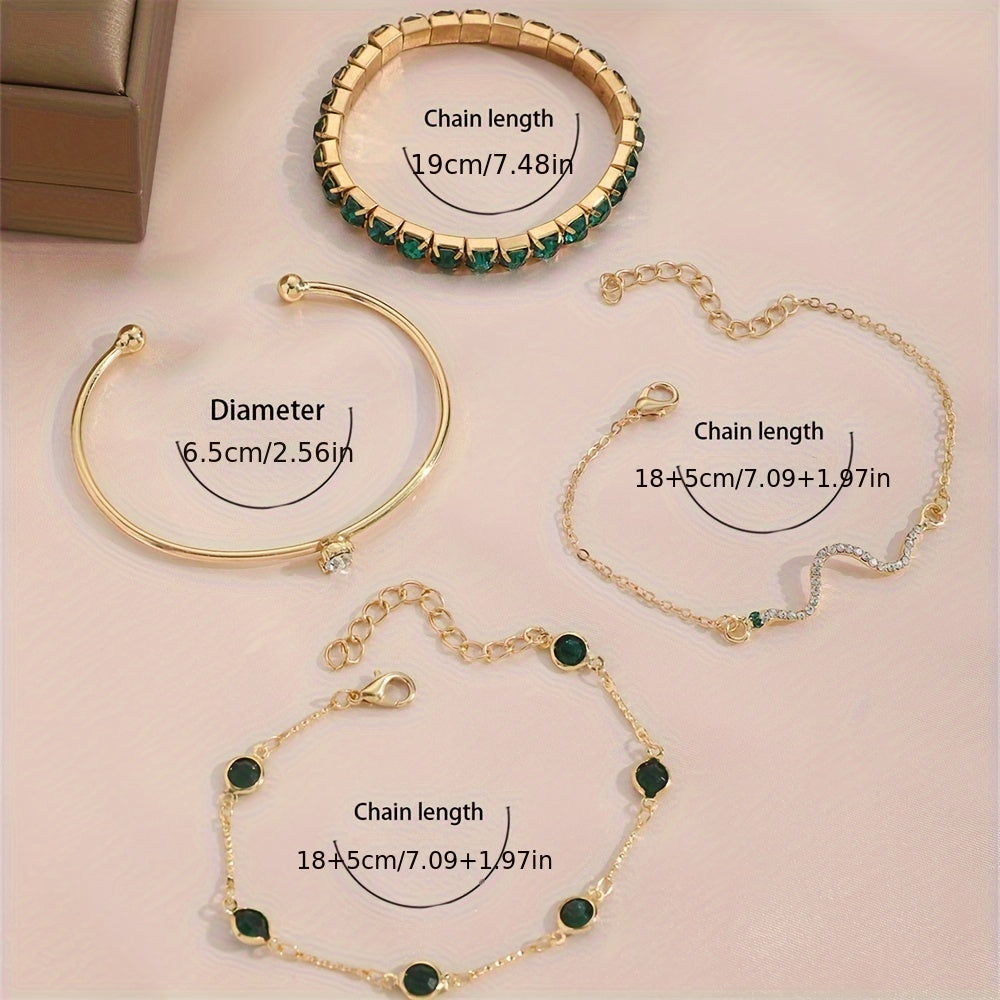 4 Elegant Green Faux Gemstone Rhinestone Bracelets