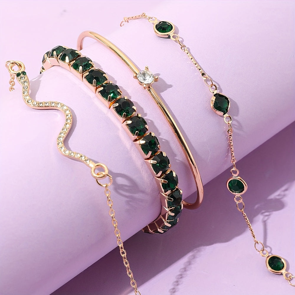 4 Elegant Green Faux Gemstone Rhinestone Bracelets