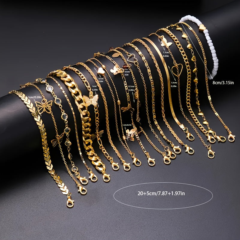 19pcs Anklet Set Bracelets with Heart Rhinestones
