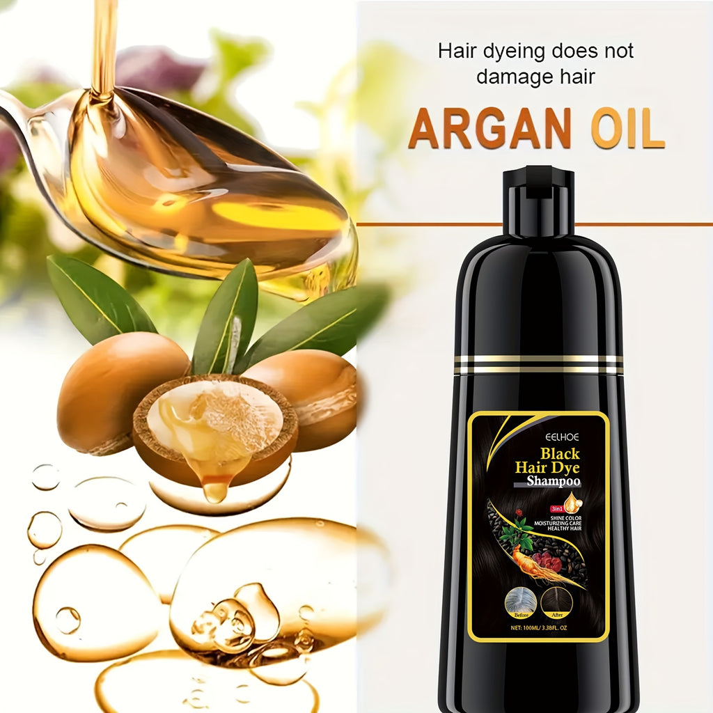 3-in-1 black hair dye shampoo bottle, natural plant pigments