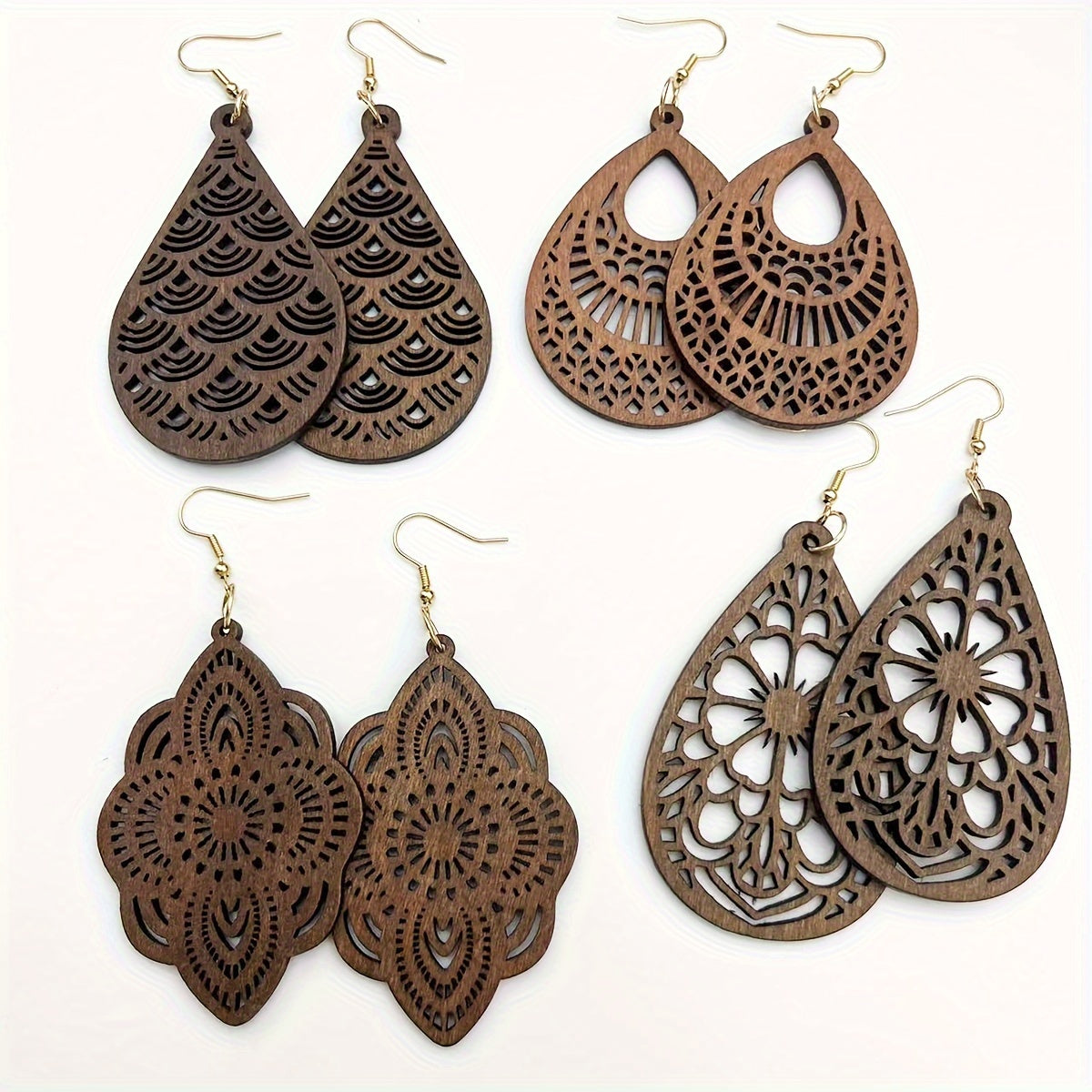 4 Pairs/ Set Vintage Carved Flower Pattern Jewellery