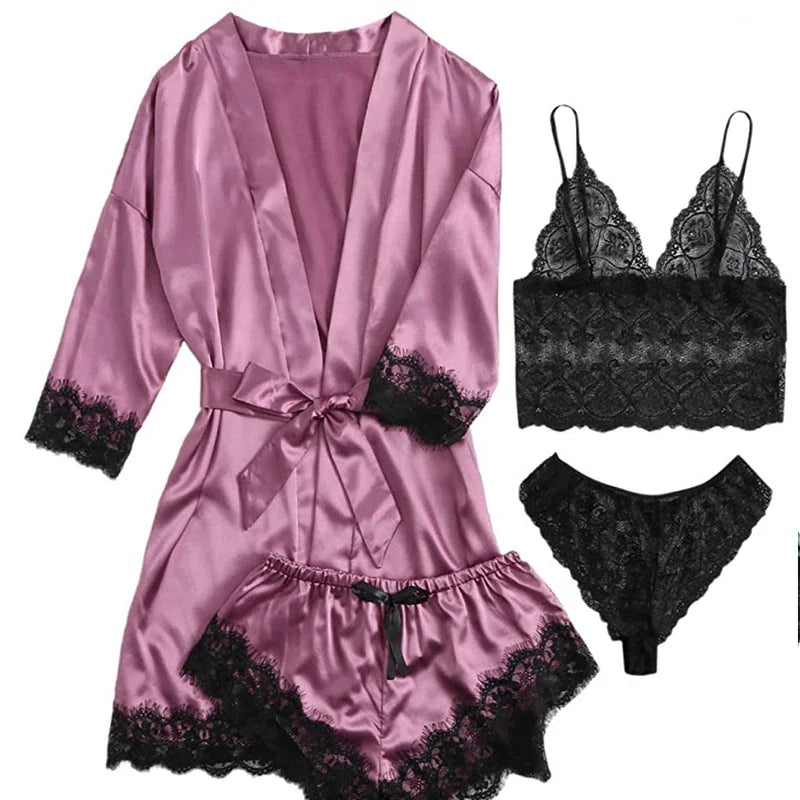Women's Sexy Pajamas Nightgowns Lingerie Shorts 4-piece