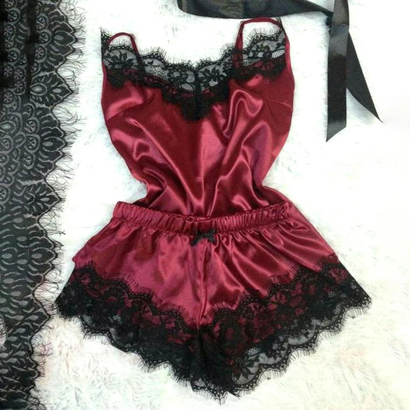 Nightwear Lace Trim Satin Cami Top Pyjama Set