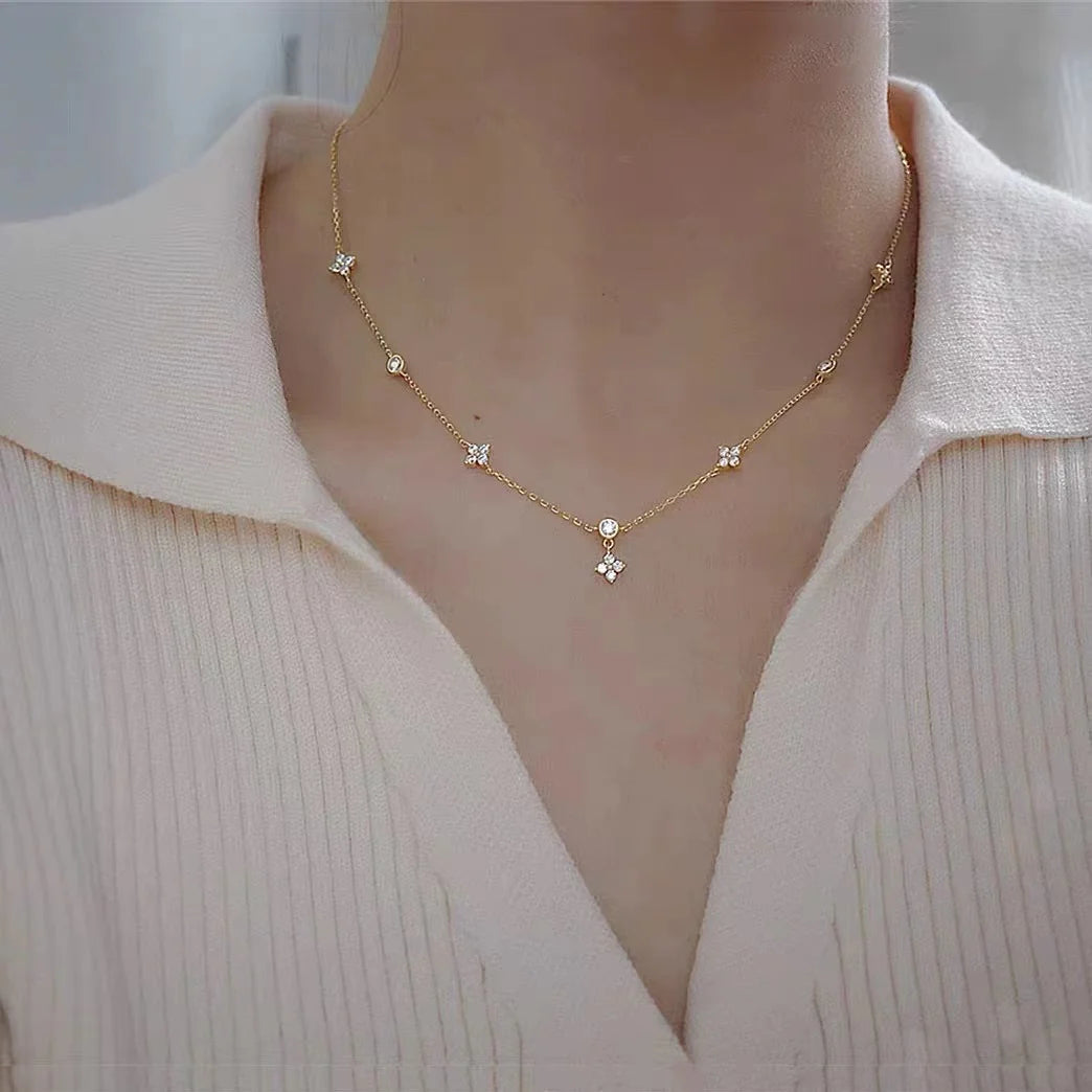 ANENJERY Inlaid Zircon Four-leaf Flower Chain Necklace.