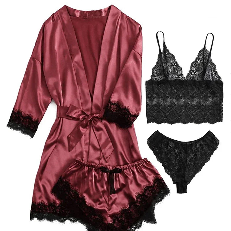 Women's Sexy Pajamas Nightgowns Lingerie Shorts 4-piece