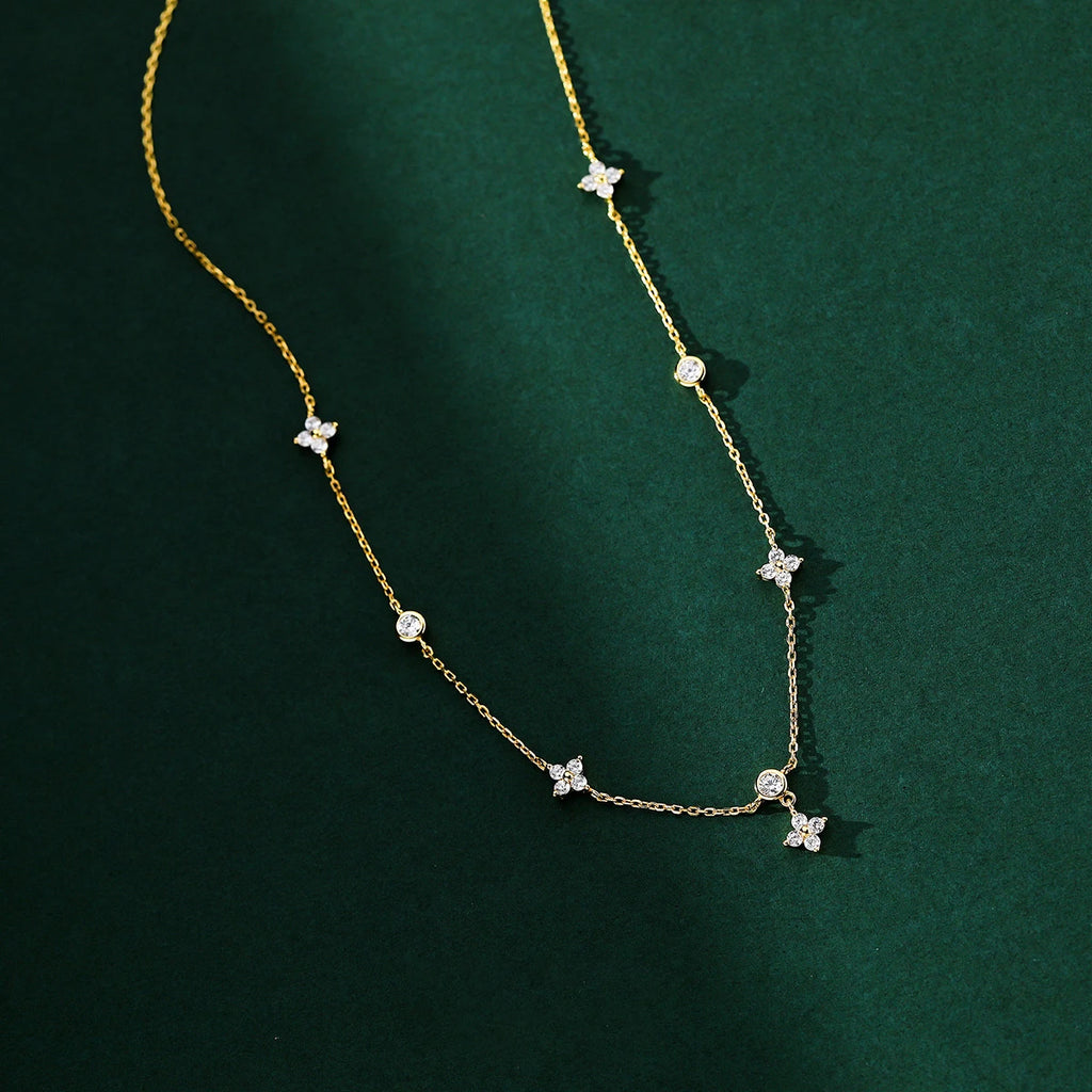 ANENJERY Inlaid Zircon Four-leaf Flower Chain Necklace.