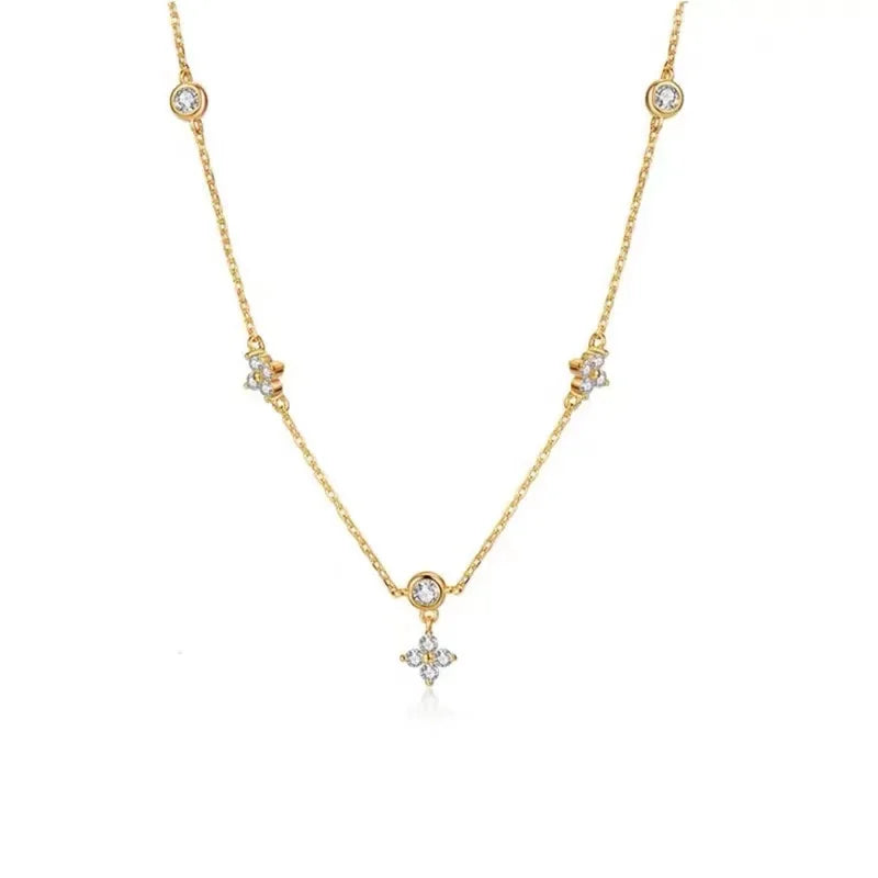 ANENJERY Inlaid Zircon Four-leaf Flower Chain Necklace.