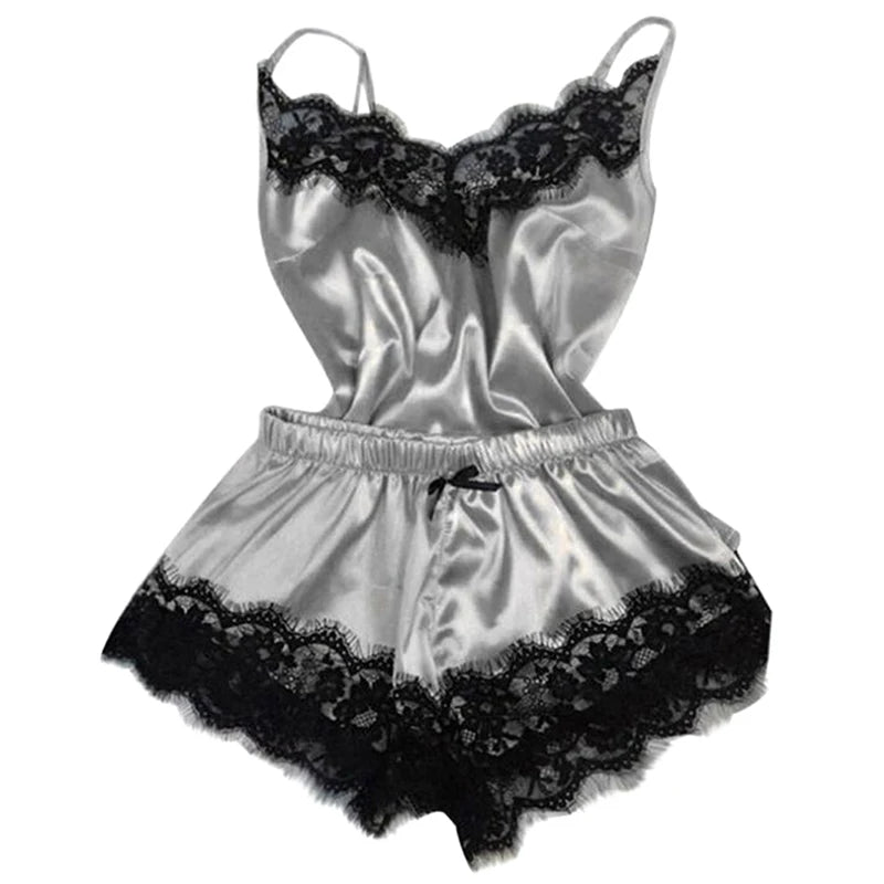 Nightwear Lace Trim Satin Cami Top Pyjama Set