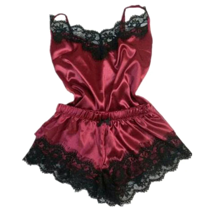 Nightwear Lace Trim Satin Cami Top Pyjama Set