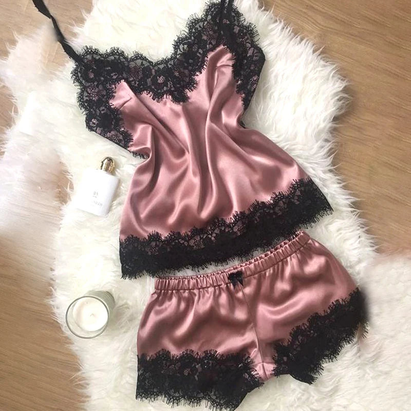 Nightwear Lace Trim Satin Cami Top Pyjama Set