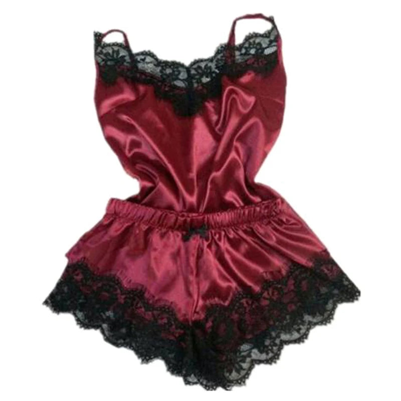 Nightwear Lace Trim Satin Cami Top Pyjama Set
