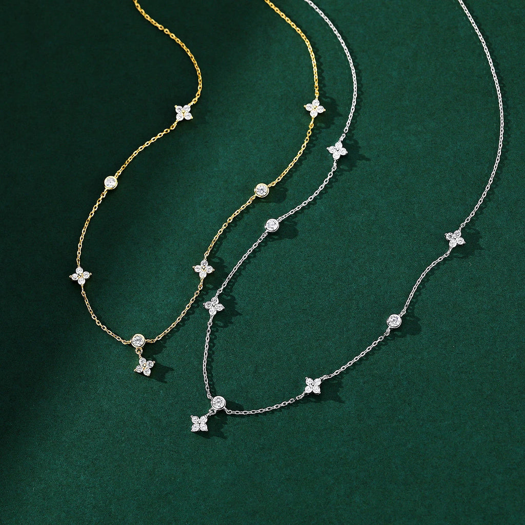 ANENJERY Inlaid Zircon Four-leaf Flower Chain Necklace.