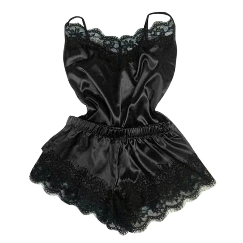Nightwear Lace Trim Satin Cami Top Pyjama Set