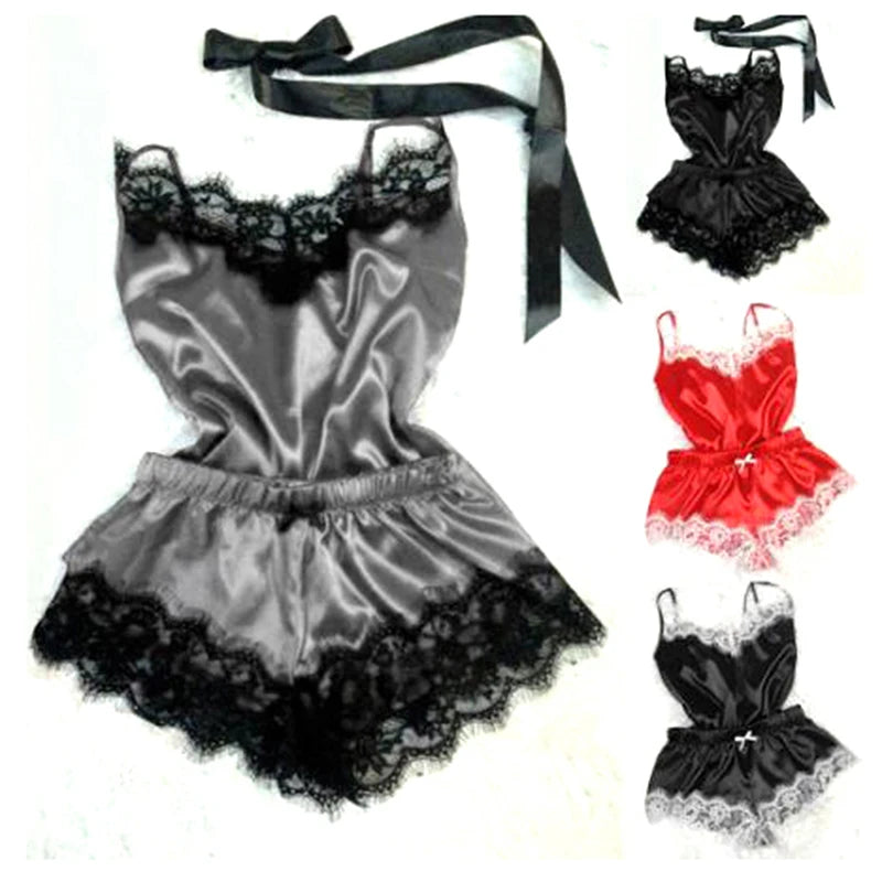 Nightwear Lace Trim Satin Cami Top Pyjama Set