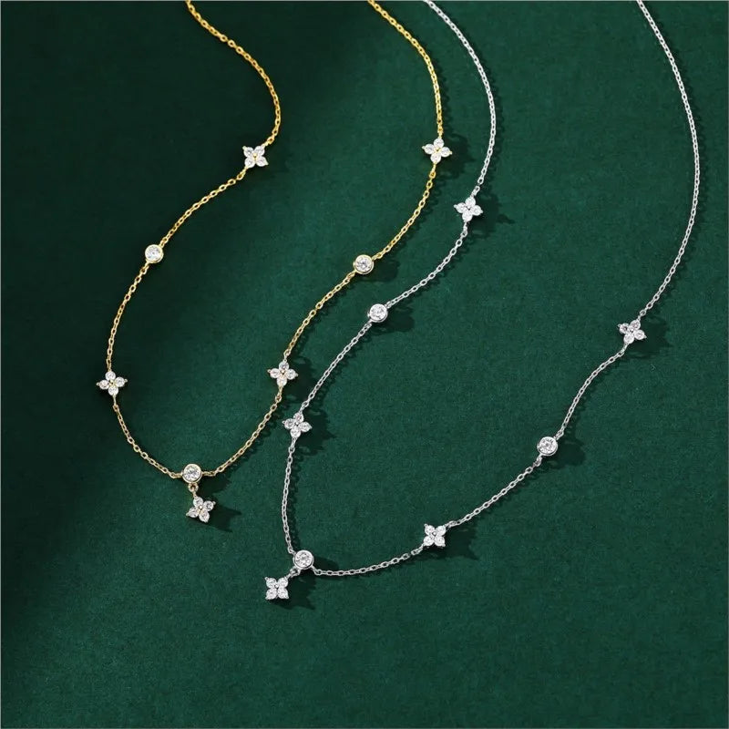 ANENJERY Inlaid Zircon Four-leaf Flower Chain Necklace.