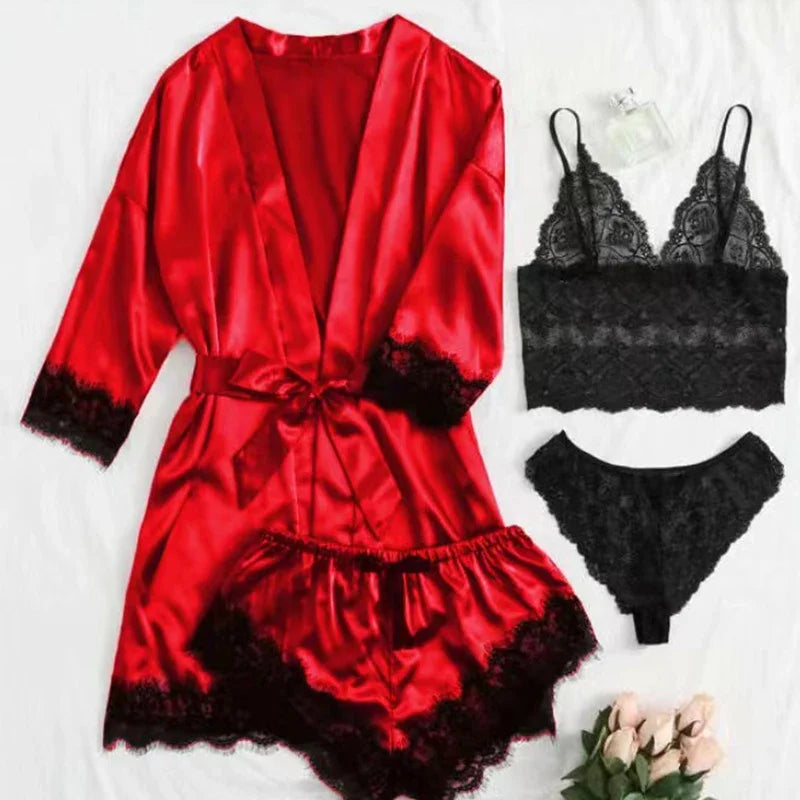 Women's Sexy Pajamas Nightgowns Lingerie Shorts 4-piece