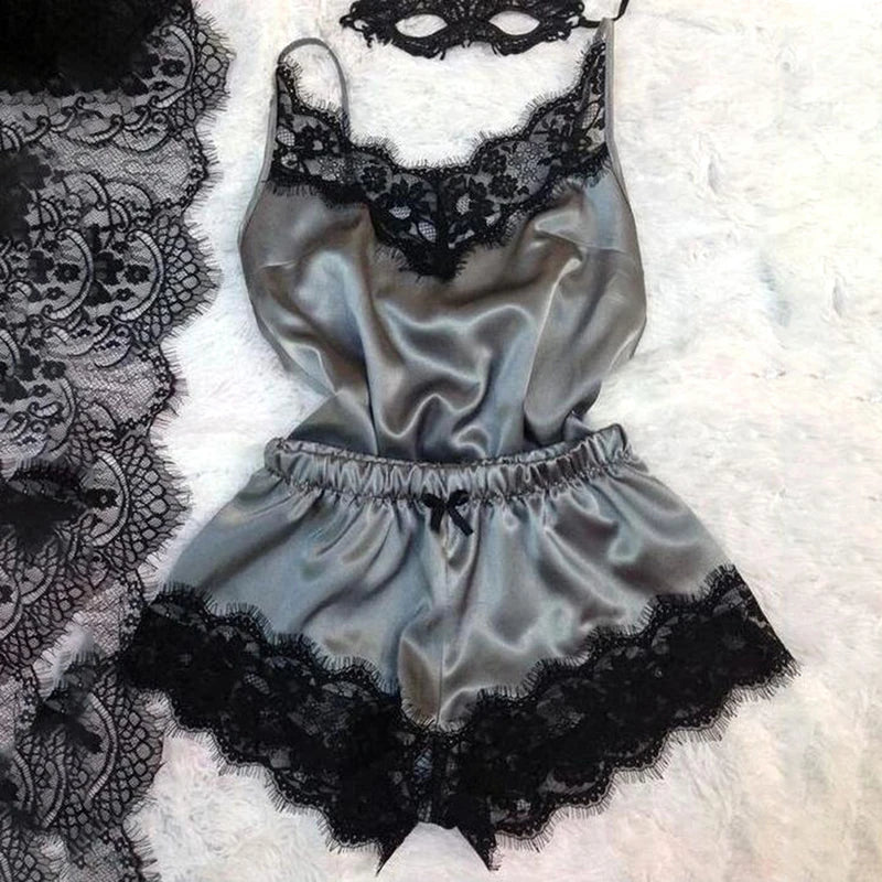 Nightwear Lace Trim Satin Cami Top Pyjama Set