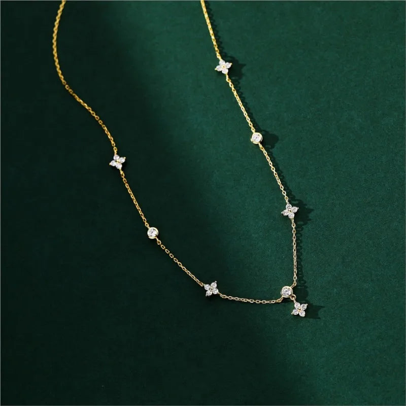 ANENJERY Inlaid Zircon Four-leaf Flower Chain Necklace.