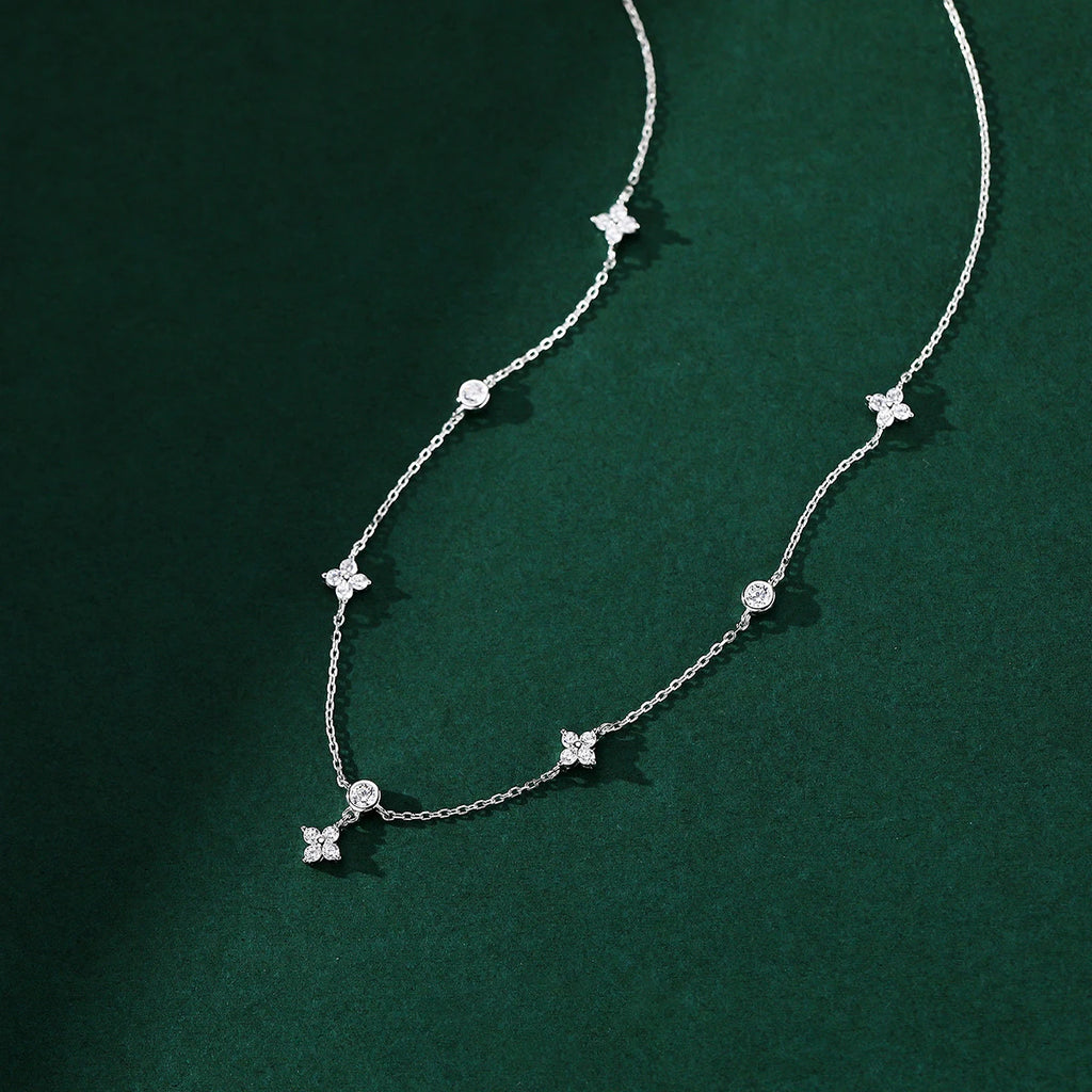 ANENJERY Inlaid Zircon Four-leaf Flower Chain Necklace.