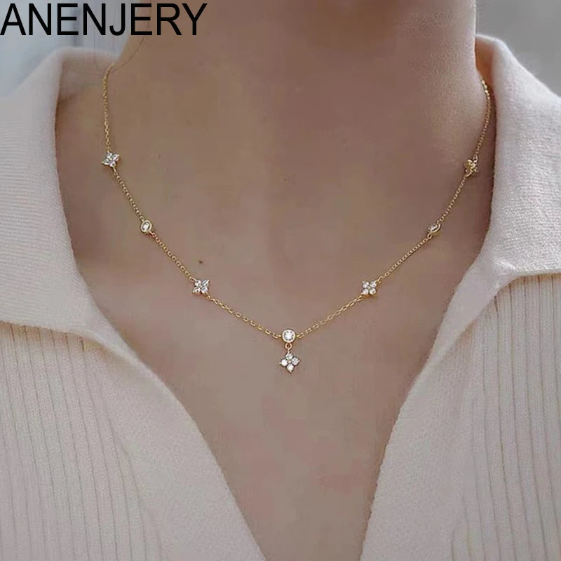 ANENJERY Inlaid Zircon Four-leaf Flower Chain Necklace.