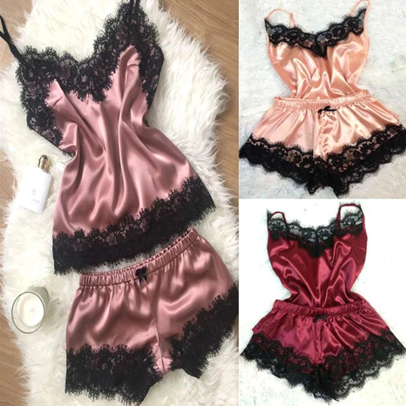 Nightwear Lace Trim Satin Cami Top Pyjama Set