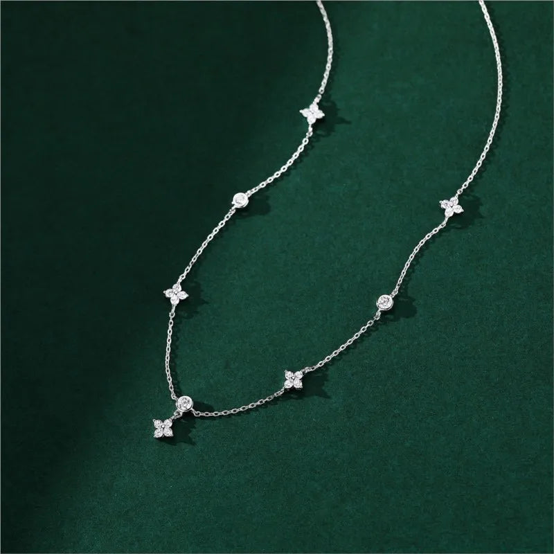 ANENJERY Inlaid Zircon Four-leaf Flower Chain Necklace.