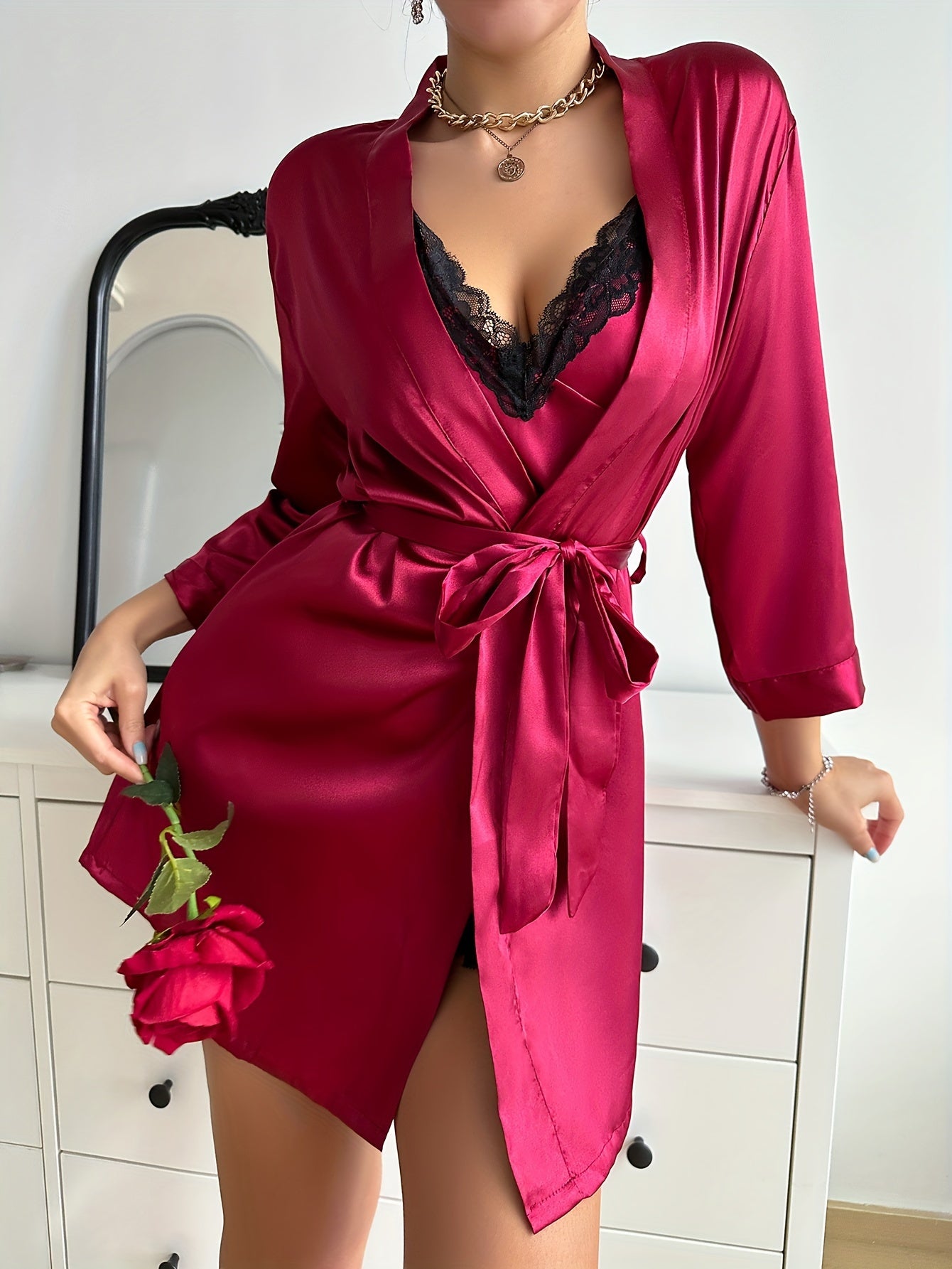 Allure Satin Sleep Set: Chic Belted Robe Dress