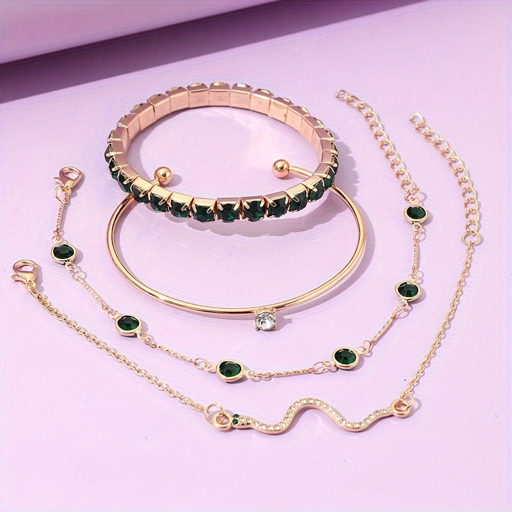 4 Elegant Green Faux Gemstone Rhinestone Bracelets