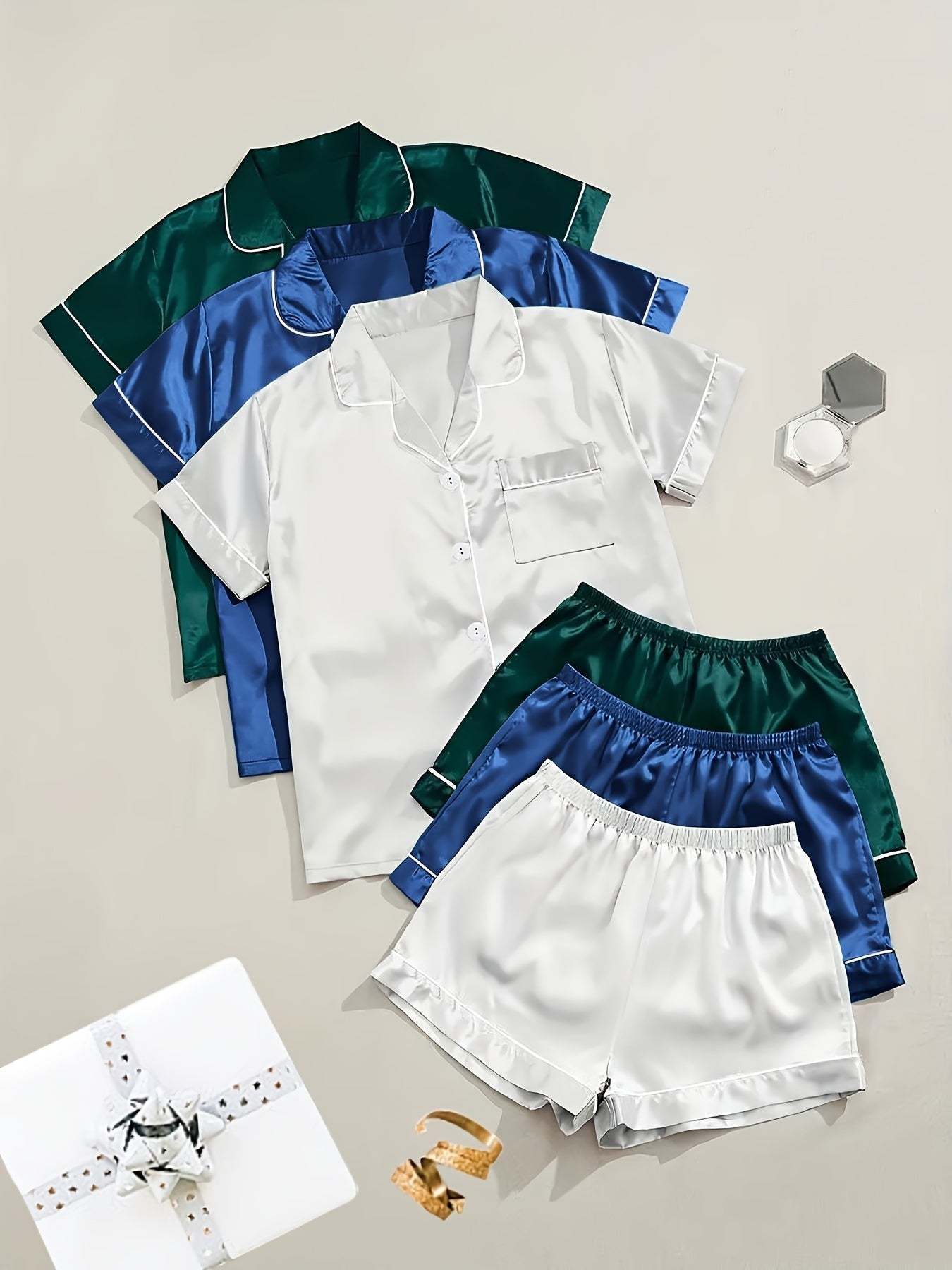 Women'S 3pcs Casual Satin Short Sleeve Shirt & Shorts Pyjama Set