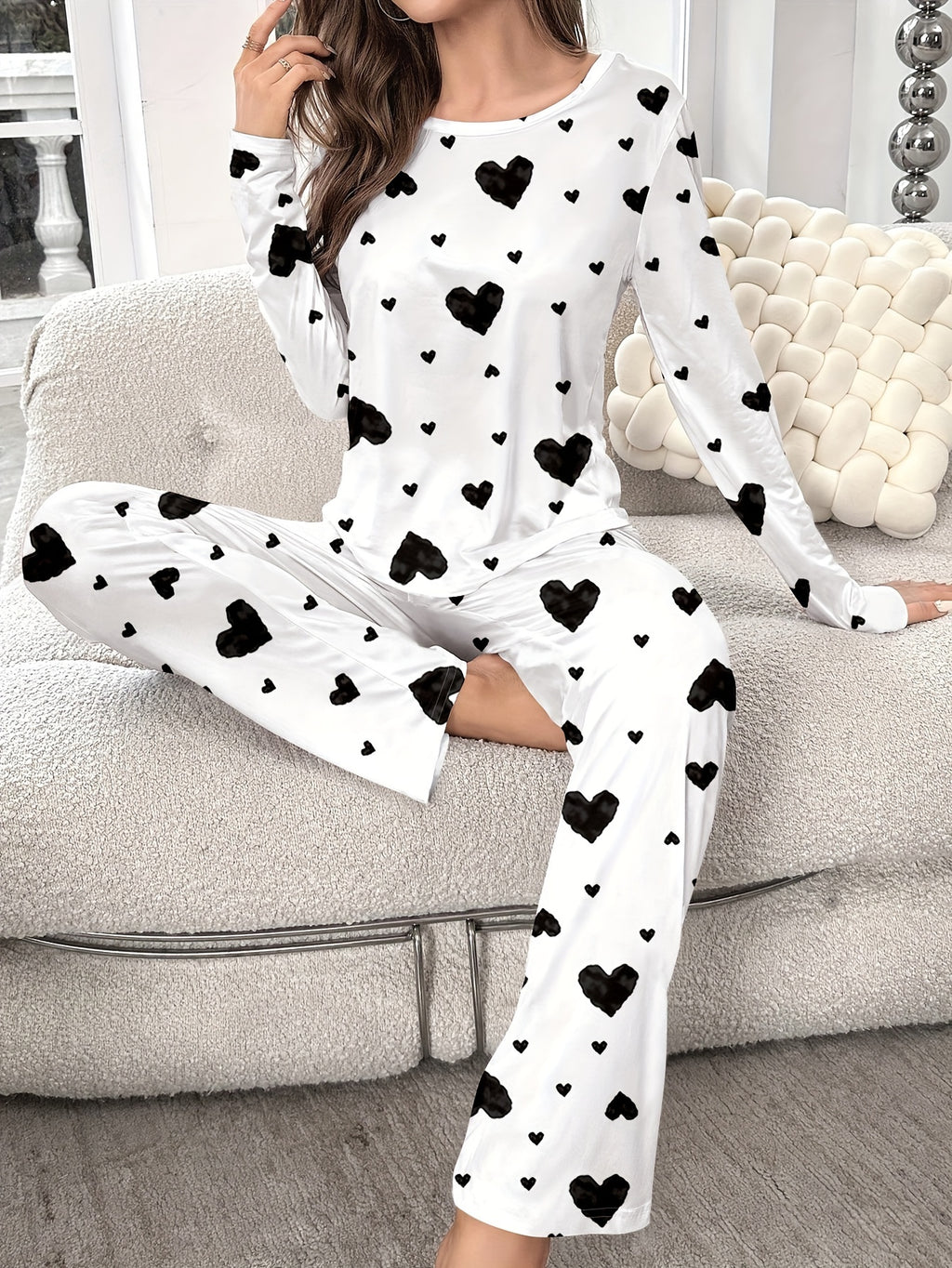 Women's Fashion Casual Heart Print Pyjama Set