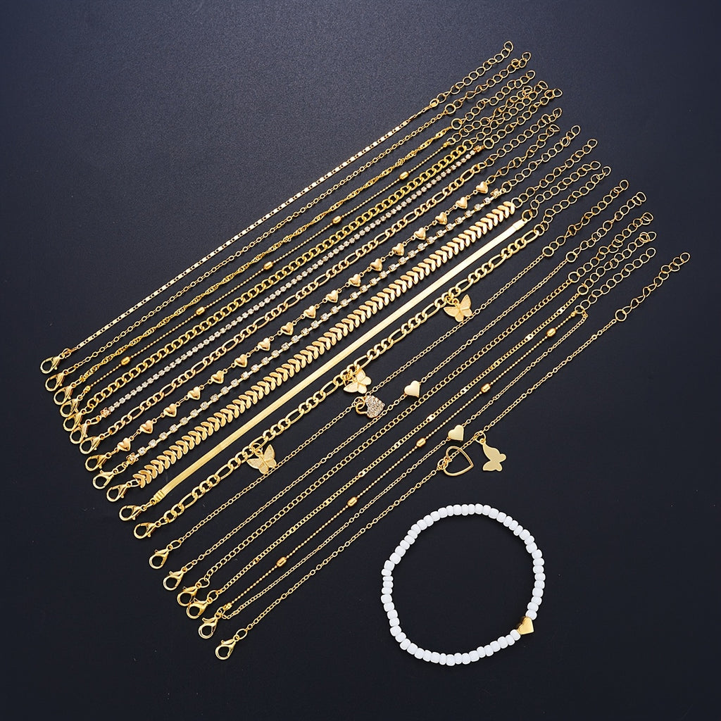 19pcs Anklet Set Bracelets with Heart Rhinestones