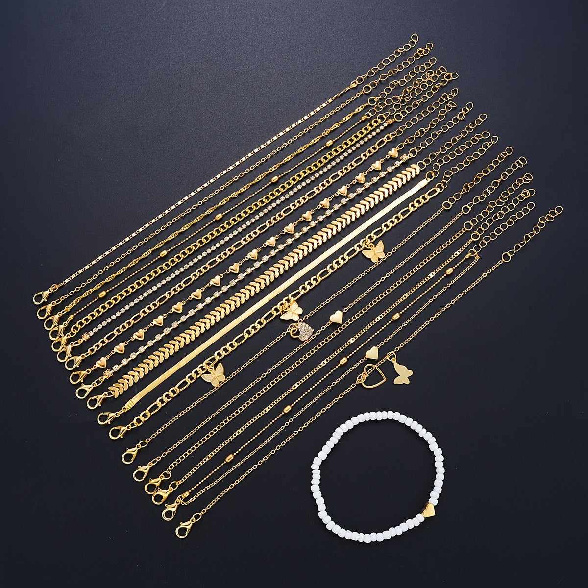 19pcs Anklet Set Bracelets with Heart Rhinestones