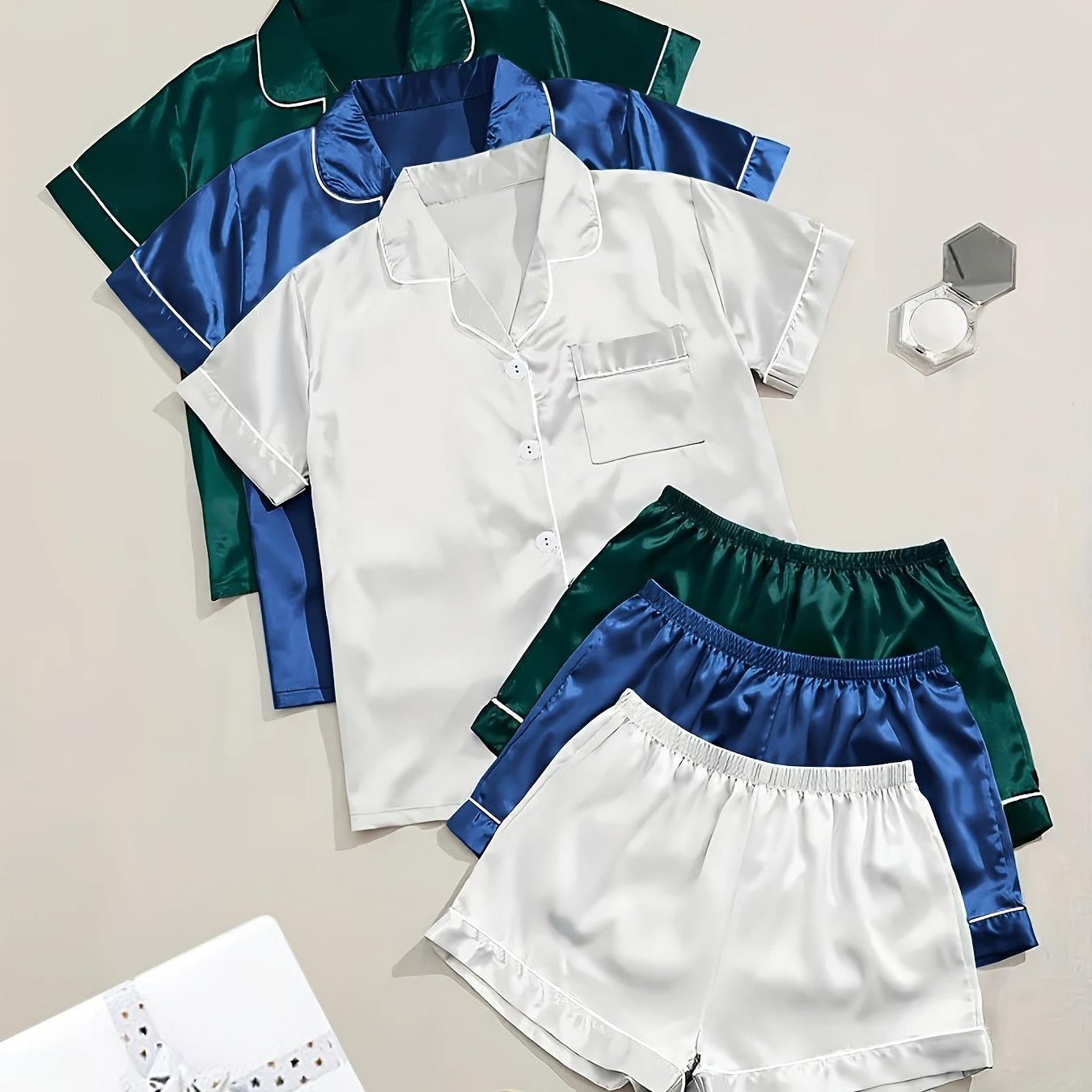 Women'S 3pcs Casual Satin Short Sleeve Shirt & Shorts Pyjama Set