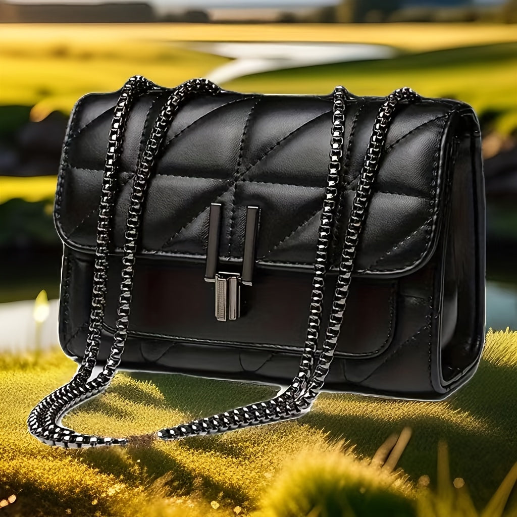 Elegant Faux Leather Shoulder Bag | Plaid Pattern, Chain Strap