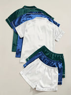 Women'S 3pcs Casual Satin Short Sleeve Shirt & Shorts Pyjama Set