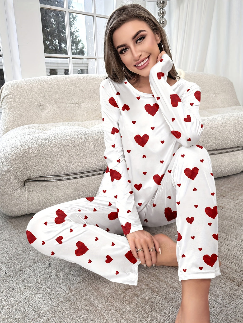 Women's Fashion Casual Heart Print Pyjama Set