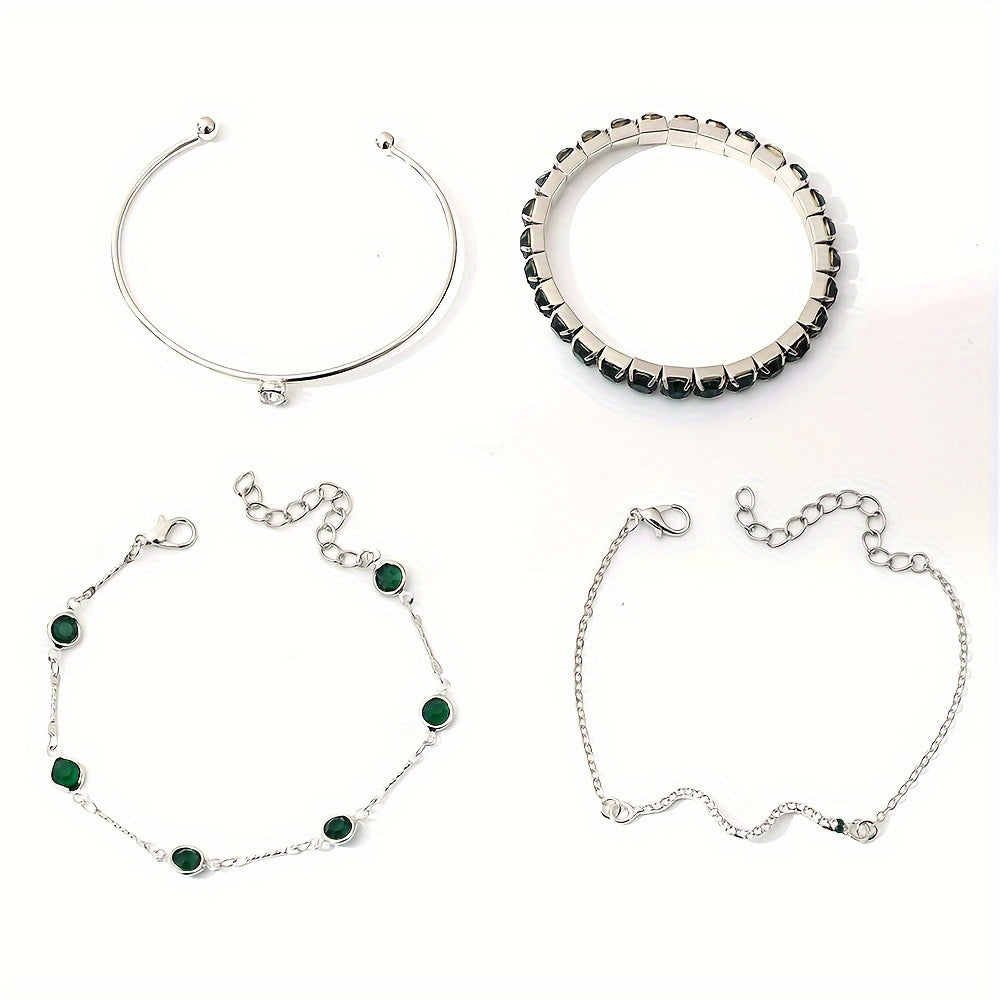 4 Elegant Green Faux Gemstone Rhinestone Bracelets