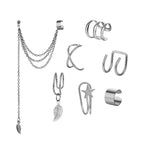 Set Of 7 Trendy Golden Leaf Tassel Earrings With C-shaped Geometric Star Ear Clips