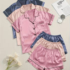 Women'S 3pcs Casual Satin Short Sleeve Shirt & Shorts Pyjama Set
