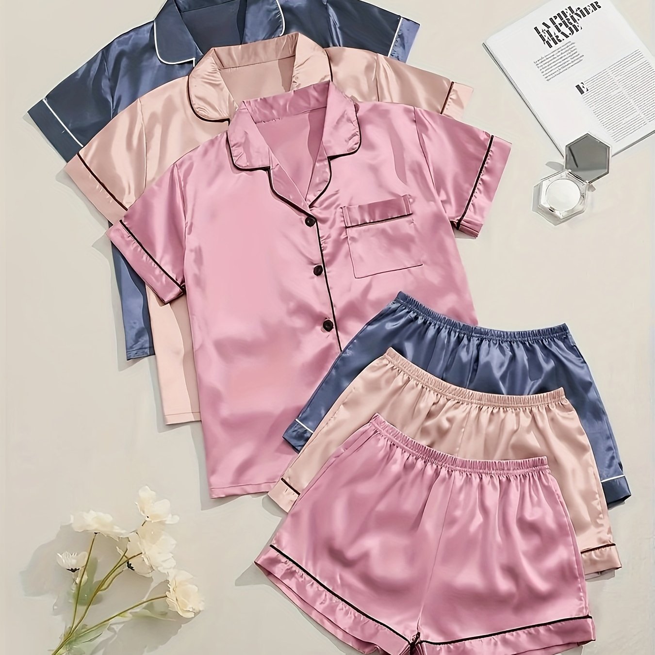 Women'S 3pcs Casual Satin Short Sleeve Shirt & Shorts Pyjama Set