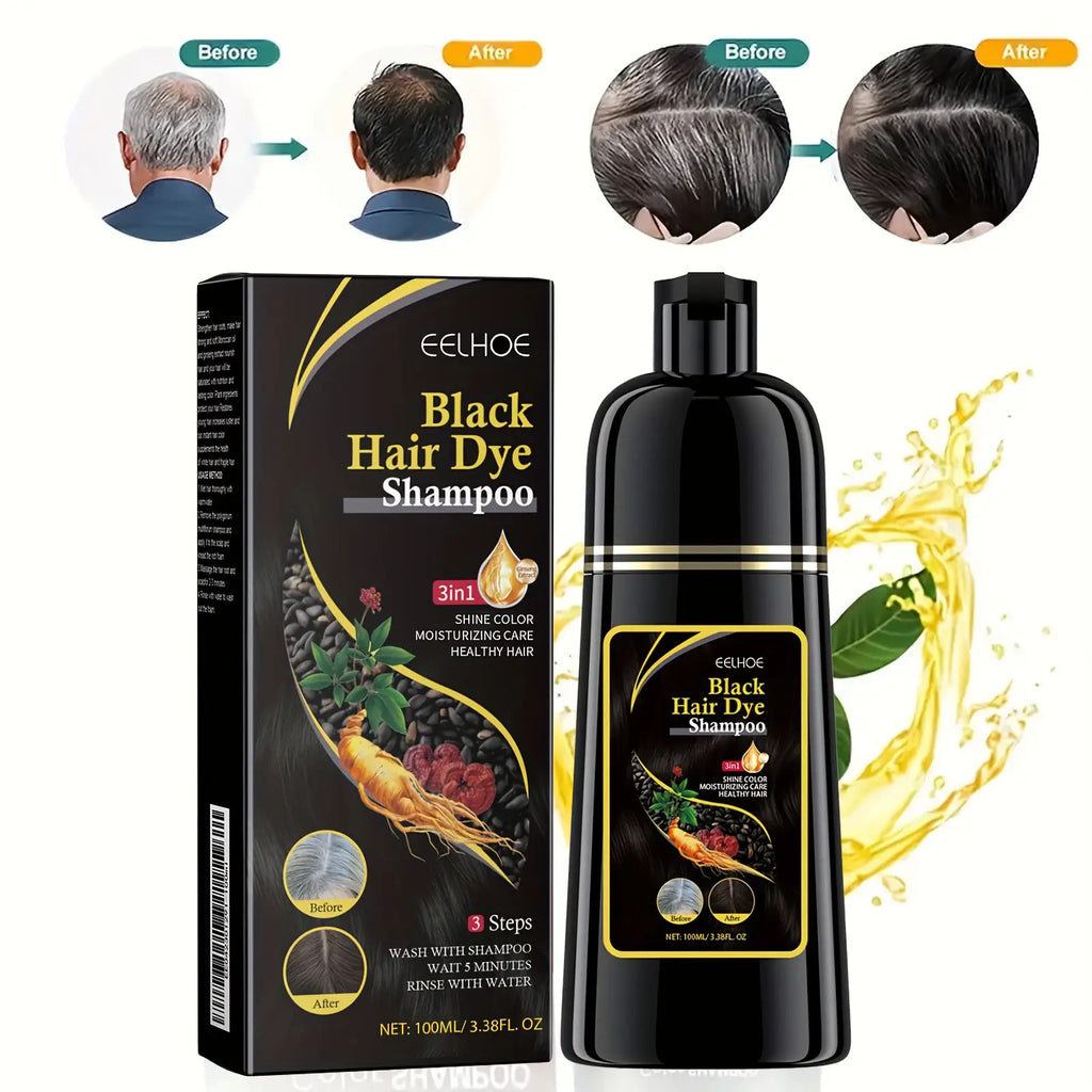 3-in-1 black hair dye shampoo bottle, natural plant pigments