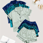 Women'S 3pcs Casual Satin Short Sleeve Shirt & Shorts Pyjama Set
