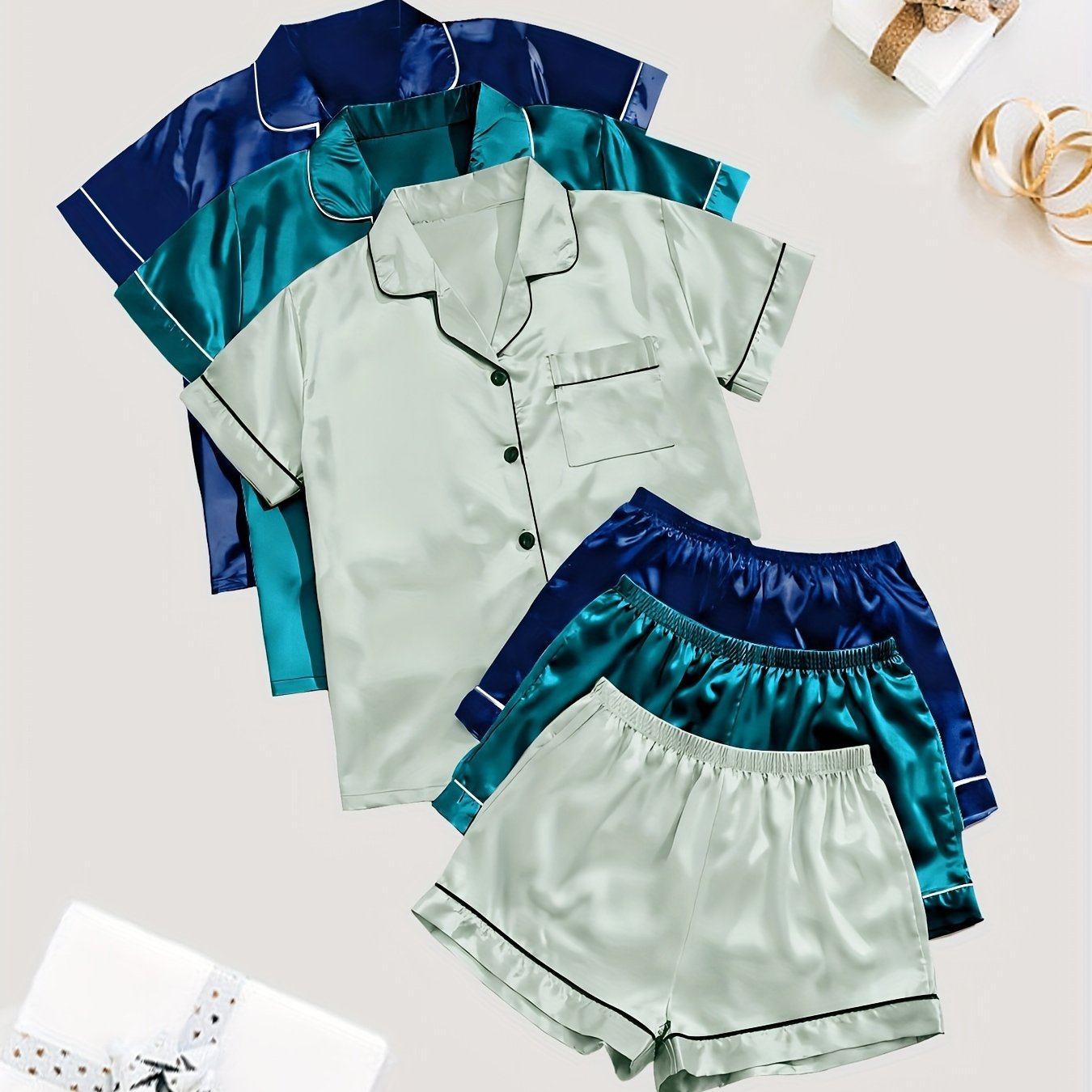 Women'S 3pcs Casual Satin Short Sleeve Shirt & Shorts Pyjama Set